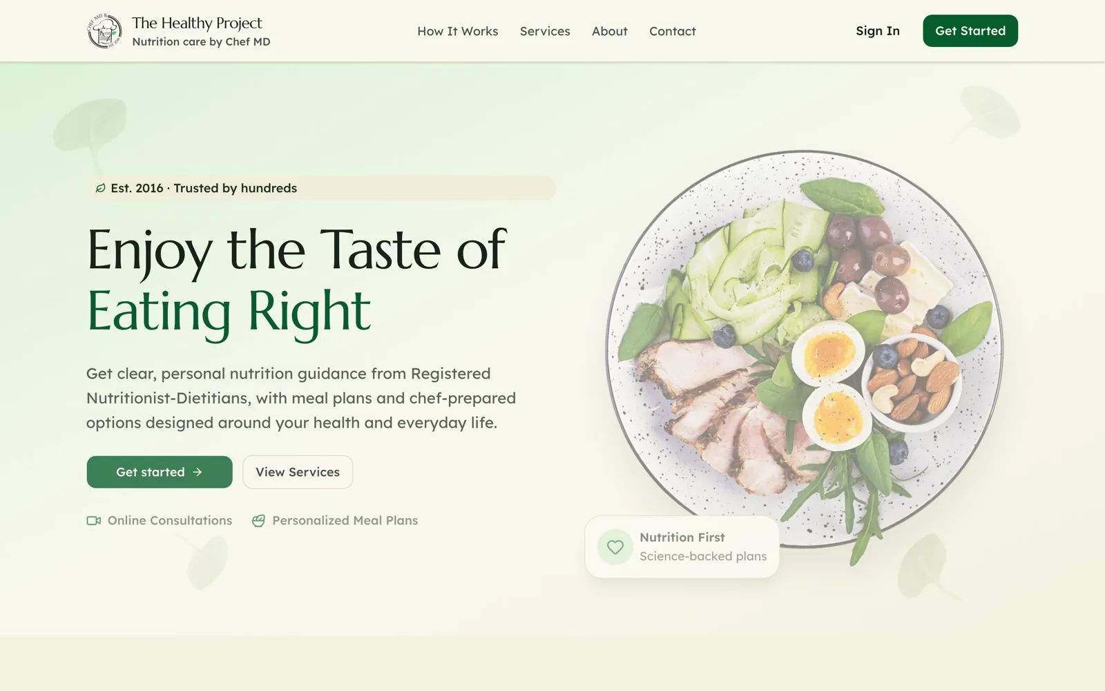 The Healthy Project by Chef MD landing page: “Enjoy the Taste of Eating Right”, with a plate of salad, eggs and nuts.