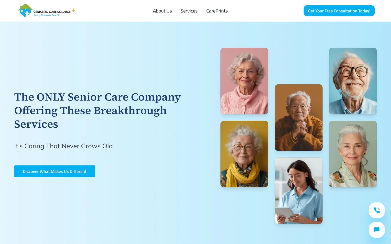 Geriatric Care Solution home page with the headline “The ONLY Senior Care Company Offering These Breakthrough Services” beside portraits of older adults and a caregiver.