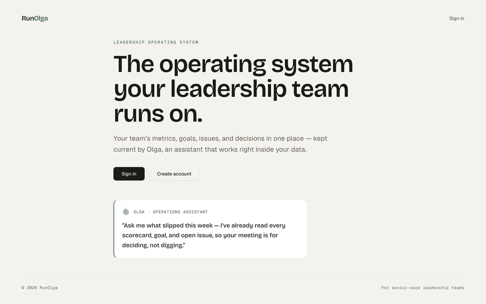 RunOlga landing page: “The operating system your leadership team runs on”, with a quote from Olga, the operations assistant.